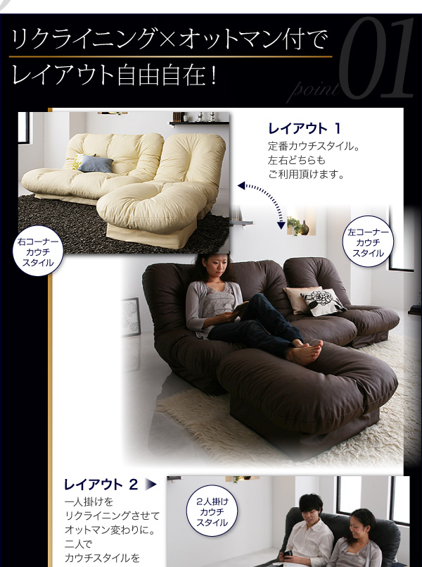 フロアコーナーカウチリクライニングソファ「feeta」フィータ 商品説明画像2