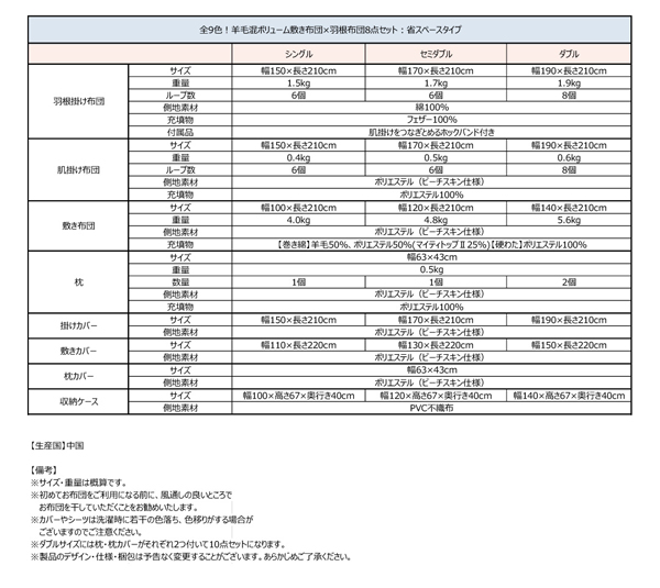 全9色 羊毛混ボリューム敷布団×羽根布団8点セット 商品説明画像20