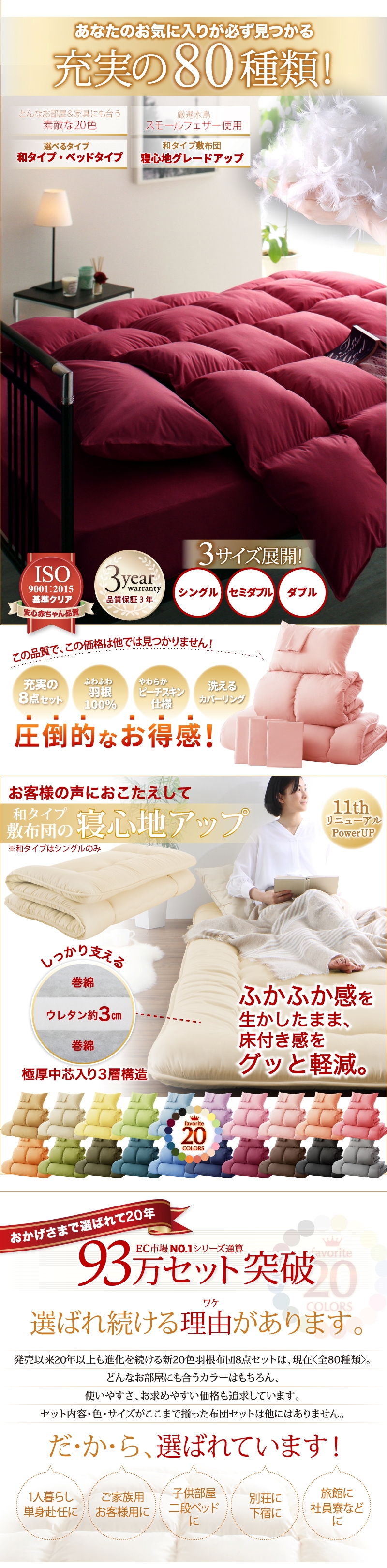 新20色羽根布団8点セット 商品説明画像2