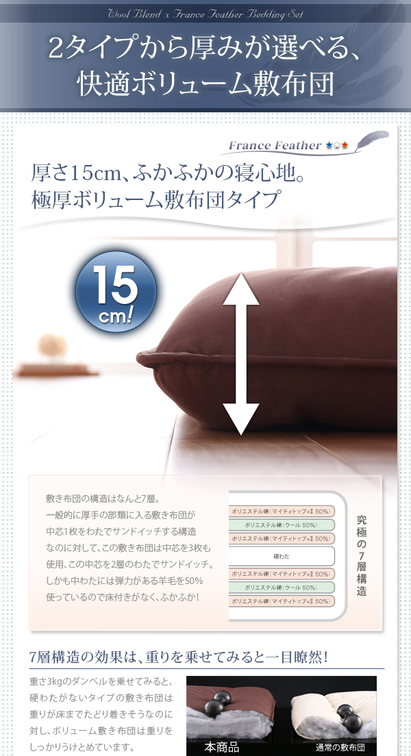 羊毛混ボリューム敷布団×フランス産フェザー羽根布団8点セット 商品説明画像3