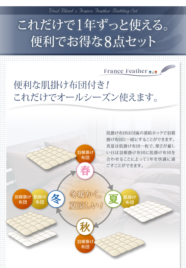 羊毛混ボリューム敷布団×フランス産フェザー羽根布団8点セット 商品説明画像10
