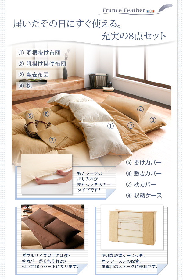 羊毛混ボリューム敷布団×フランス産フェザー羽根布団8点セット 商品説明画像11