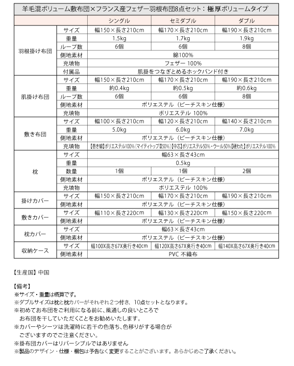 羊毛混ボリューム敷布団×フランス産フェザー羽根布団8点セット 商品説明画像17