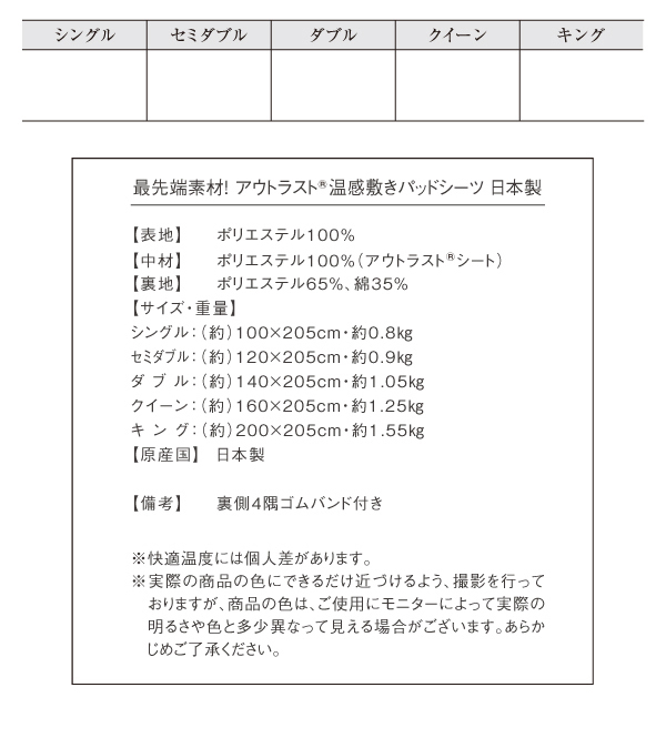 最先端素材!アウトラスト温感敷きパッドシーツ 日本製 商品説明画像15