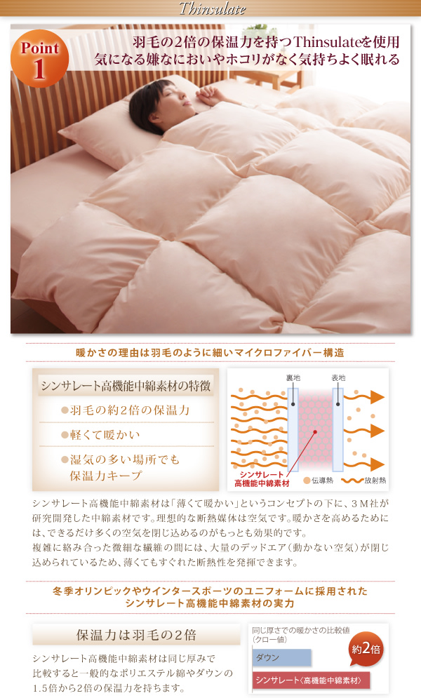 9色から選べる 洗える抗菌防臭 シンサレート高機能中綿素材入り布団 8点セット 商品説明画像4