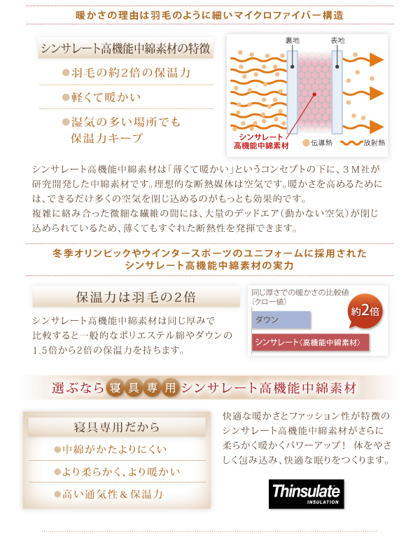 9色から選べる 洗える抗菌防臭 シンサレート高機能中綿素材入り布団 8点セット プレミアム敷き布団タイプ 商品説明画像9