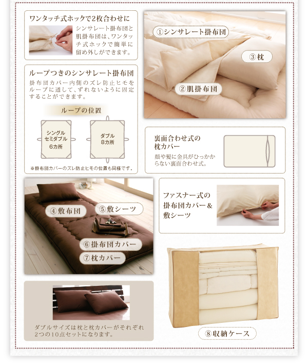 9色から選べる 洗える抗菌防臭 シンサレート高機能中綿素材入り布団 8点セット プレミアム敷き布団タイプ 商品説明画像19