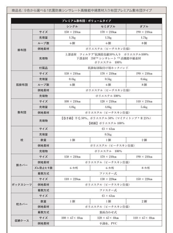 9色から選べる 洗える抗菌防臭 シンサレート高機能中綿素材入り布団 8点セット プレミアム敷き布団タイプ 商品説明画像30