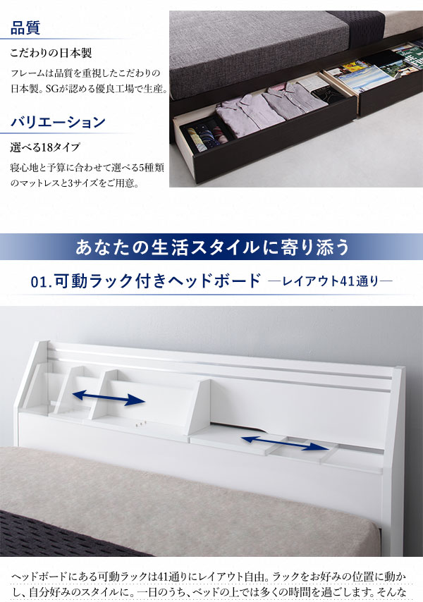 可動棚付きヘッドボード・収納ベッド BRUXA ブルーシャ 商品説明画像2