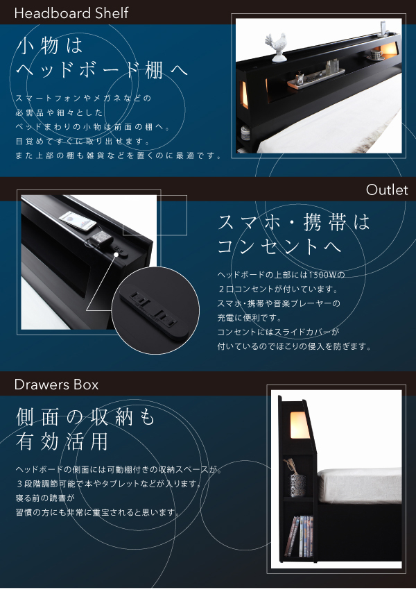 モダンライト・コンセント付き収納ベッド Farben ファーベン 商品説明画像4