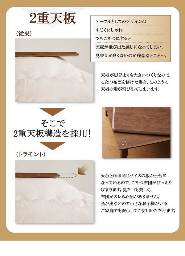 天然木ウォールナット材 継脚付こたつテーブル Tramonto トラモント 商品説明画像6