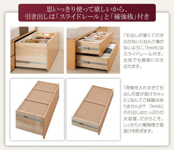棚・コンセント・仕切り板付き大容量チェストベッド Inniti イニティ 商品説明画像5