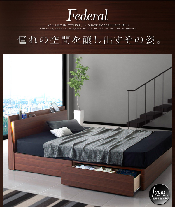 モダンライト・コンセント付きスリムデザイン収納ベッド Federal フェデラル