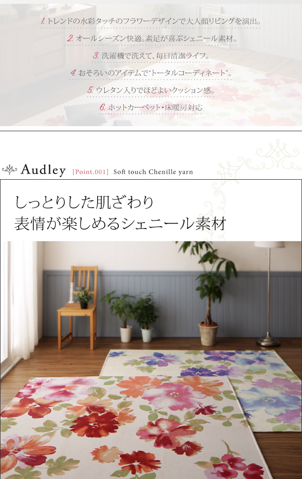 水彩タッチフラワーモチーフシェニールラグ Audley オードリー (185×185cm / スウィートピンク　[No.78810]) 商品説明画像2