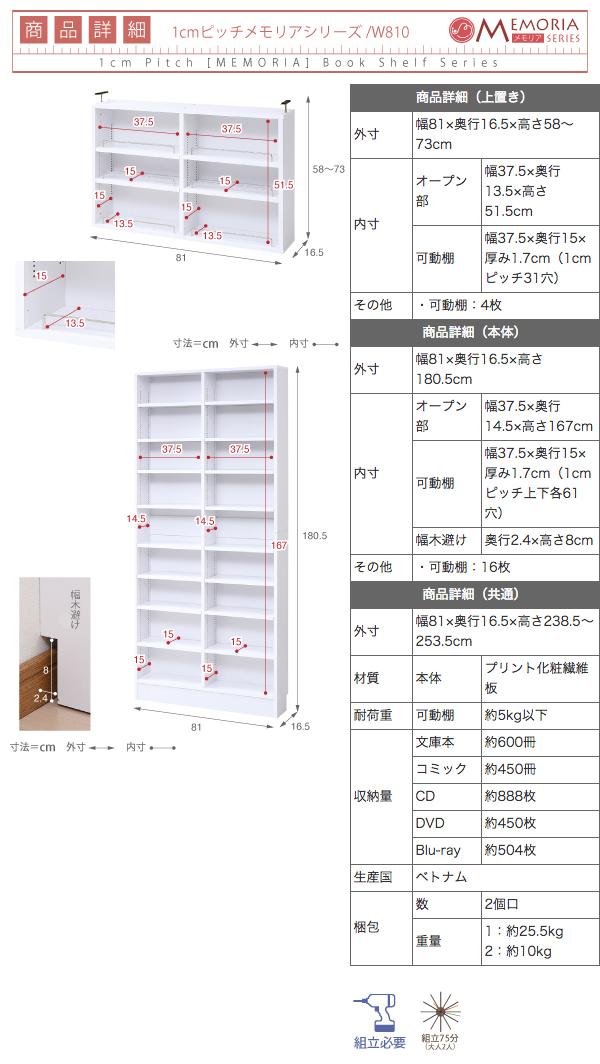 MEMORIA 棚板が1cmピッチで可動する 薄型オープン幅81上置きセット FRM-0101SET 商品説明画像19