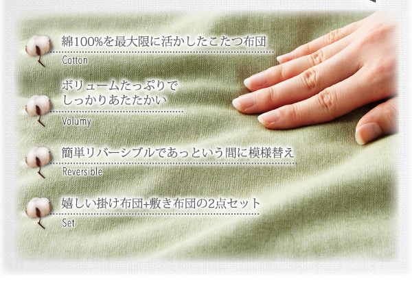 肌に優しい綿100%リバーシブルこたつ布団 melena メレーナ 商品説明画像2