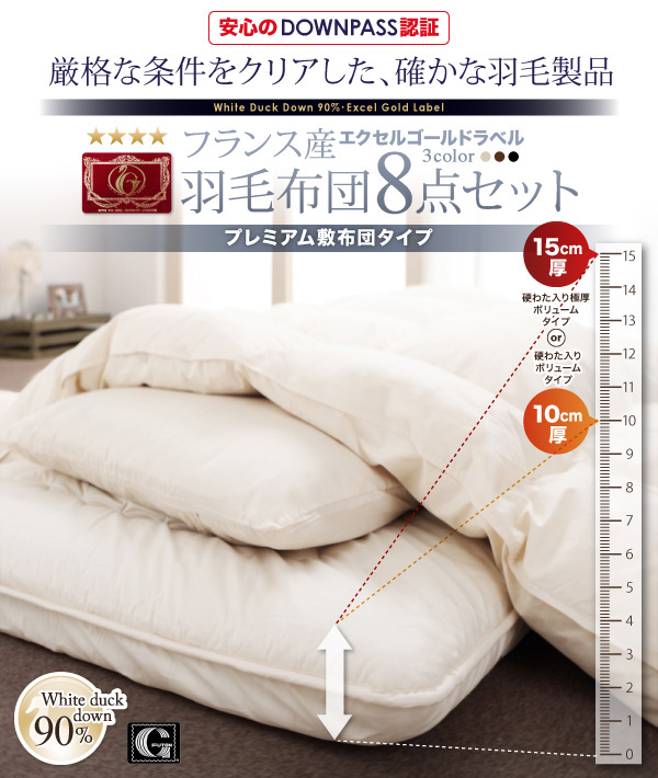 DOWNPASS認証 羽毛布団8点セット プレミアム敷布団タイプ