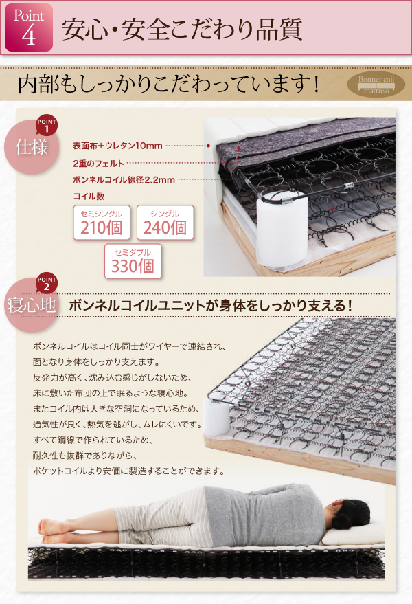 ショート丈分割式脚付きマットレスベッド（ボンネルコイル） 商品説明画像9