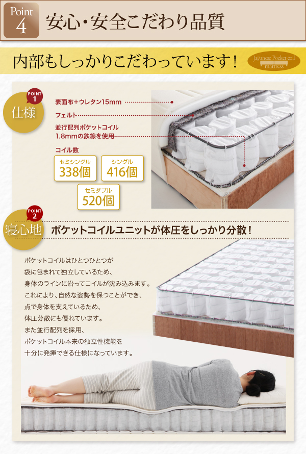 ショート丈分割式脚付きマットレスベッド（国産ポケットコイル） 商品説明画像11