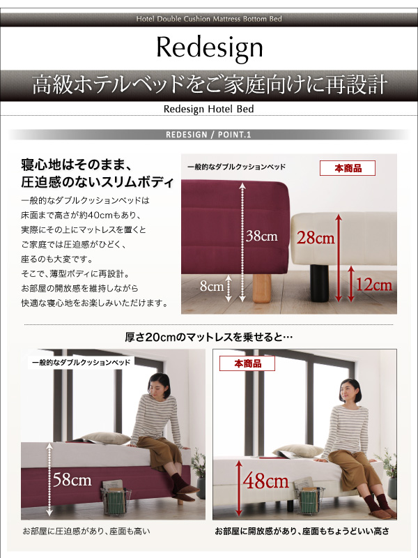 ホテルダブルクッション 脚付きマットレスボトムベッド 商品説明画像5