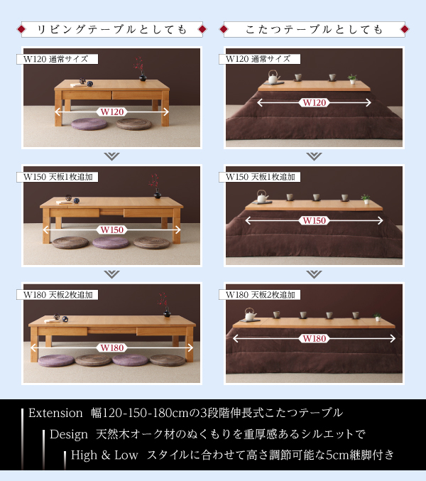 天然木オーク材伸長式こたつテーブル Widen-α ワイデンアルファ 商品説明画像2