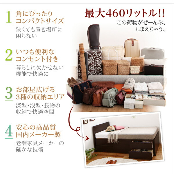 コンセント付き国産コンパクトチェスト収納ベッド Flumen フルーメン 商品追加画像3