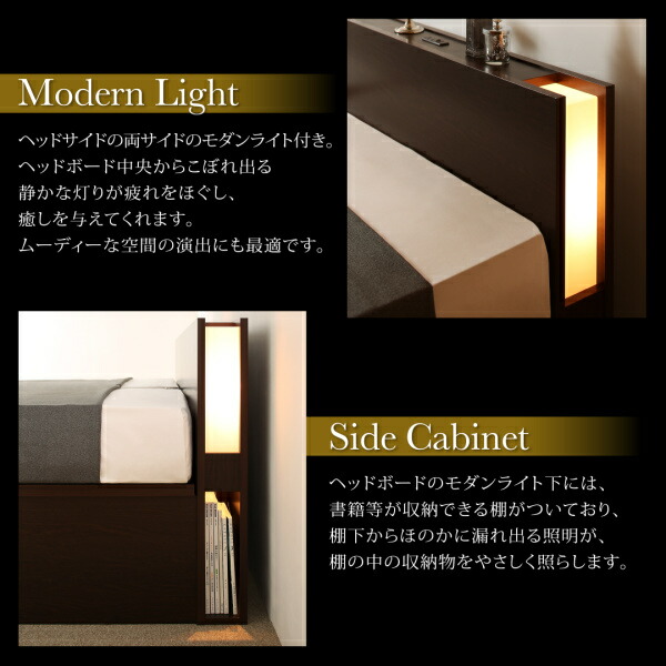 棚・照明・コンセント付大型跳ね上げ収納ベッド Caudillne コーディルネ (ベッドフレームのみ / クイーン(SS×2) / ダークブラウン / -　[No.100049418]) 商品説明画像9