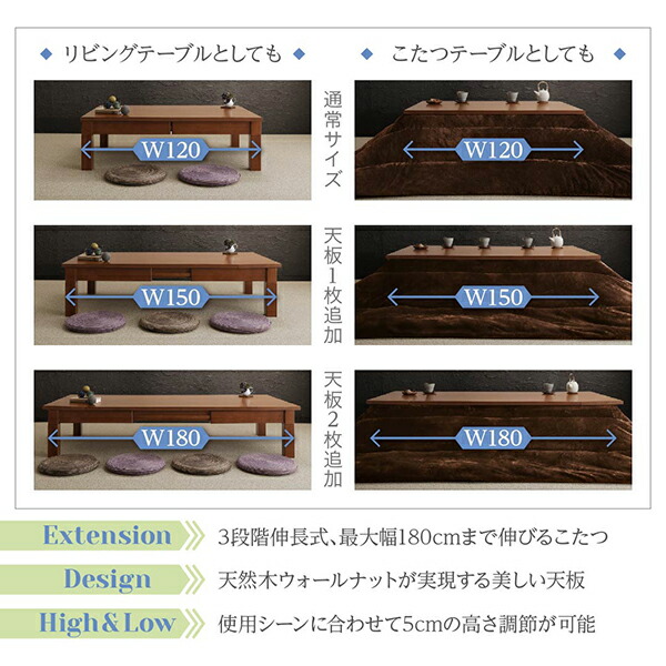 天然木ウォールナット材3段階伸長式こたつテーブル Widen-Wal ワイデンウォール 説明画像2