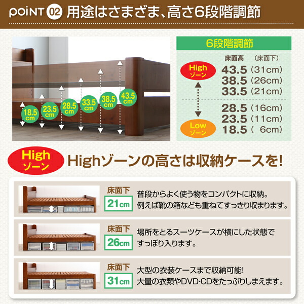 6段階高さ調節 コンセント付超頑丈天然木すのこベッド Walzza ウォルツァ 商品追加画像8