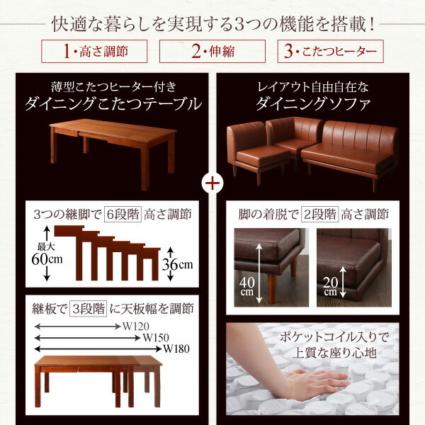 6段階高さ調節 伸縮式こたつ 大型ソファダイニング STEWAR ステュアー 商品追加画像5