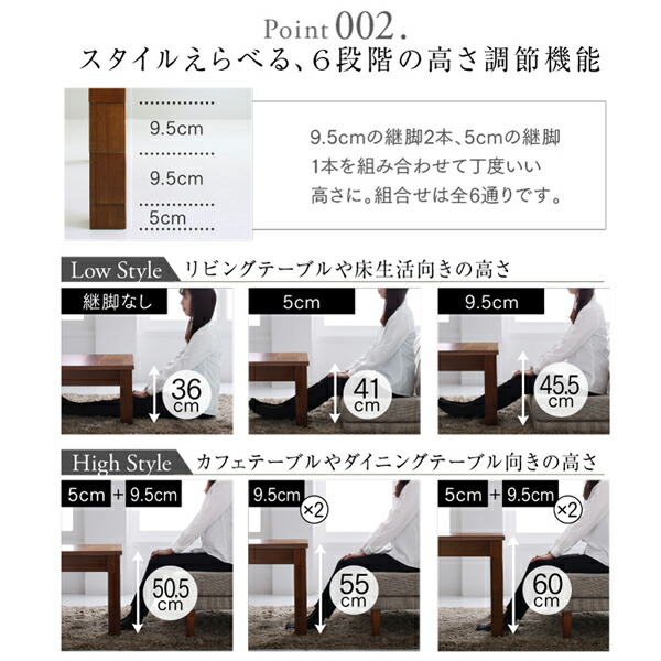 高さ調節可能 3段階伸長式 大型こたつソファダイニング Anouk アヌーク 商品説明画像11