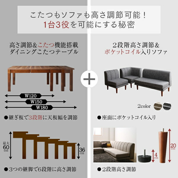 高さ調節可能 3段階伸長式 大型こたつソファダイニング Anouk アヌーク 商品追加画像5
