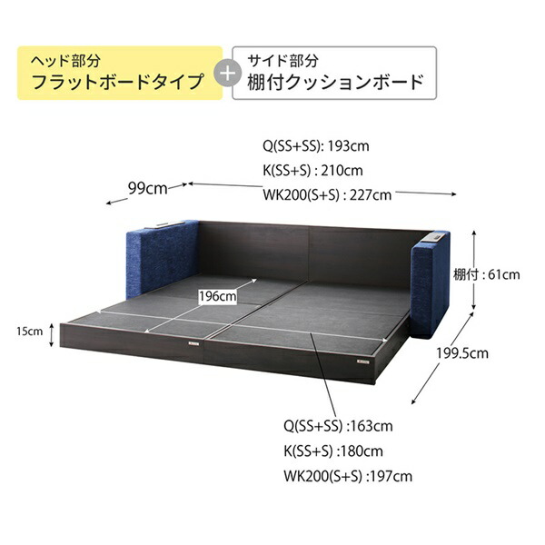 クッションボード連結ローベッド Delanna デランナ (ベッドフレームのみ / フラットタイプ+棚付クッション / クイーン(SS×2) / ネイビー　[No.100066031]) 商品説明画像19