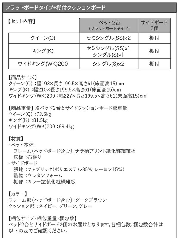 クッションボード連結ローベッド Delanna デランナ (ベッドフレームのみ / フラットタイプ+棚付クッション / クイーン(SS×2) / ネイビー　[No.100066031]) 商品説明画像23