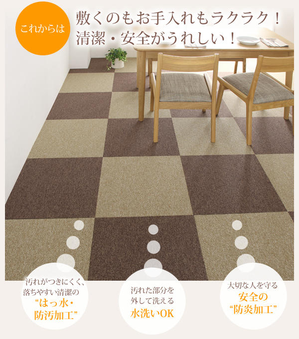 はっ水・防汚・防炎・制電機能付きタイルカーペット raku-care ラクケア 商品説明画像3
