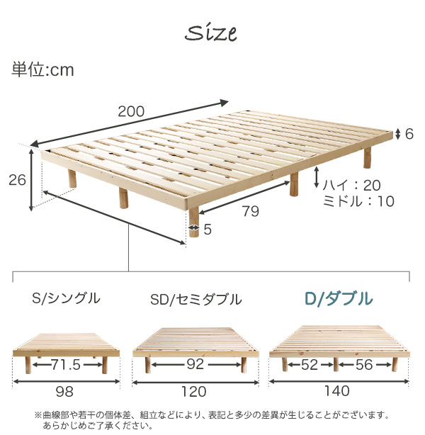 3段階高さ調節 脚付きすのこベッド ダブル Lilitta リリッタ (マットレス付き) 商品説明画像10