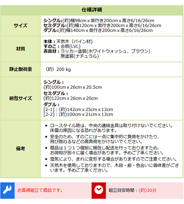 3段階高さ調節 脚付きすのこベッド ダブル Lilitta リリッタ (マットレス付き) 商品説明画像11