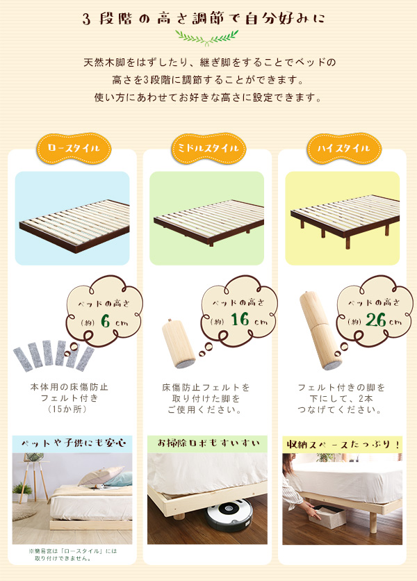 高さ3段階調整 脚付きすのこベッド シングル Lilitta リリッタ (簡易宮セット) 商品説明画像6