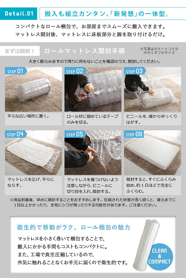 脚付きロールマットレス ボンネルコイル Unite Raide ユニテ・ライド セミダブル 商品説明画像5