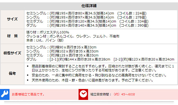 脚付きロールマットレス ボンネルコイル Unite Raide ユニテ・ライド セミダブル 商品説明画像14