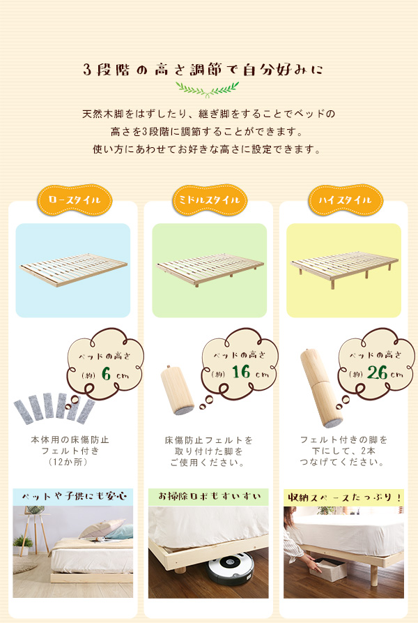 3段階調整 脚付きすのこベッド セミダブル Lilitta リリッタ 商品説明画像6
