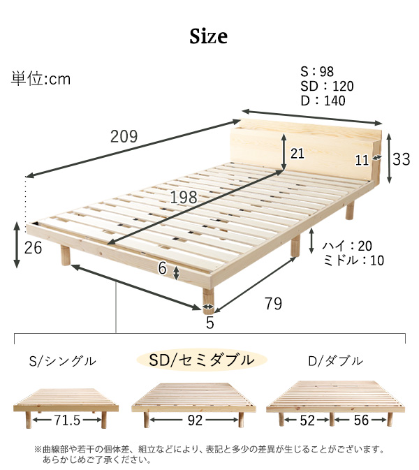 高さ3段階調整 脚付きすのこベッド セミダブル Lilitta リリッタ (宮セット) 商品説明画像20