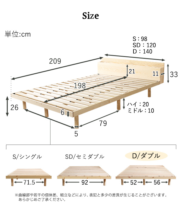高さ3段階調整 脚付きすのこベッド ダブル Lilitta リリッタ (宮セット) 商品説明画像20