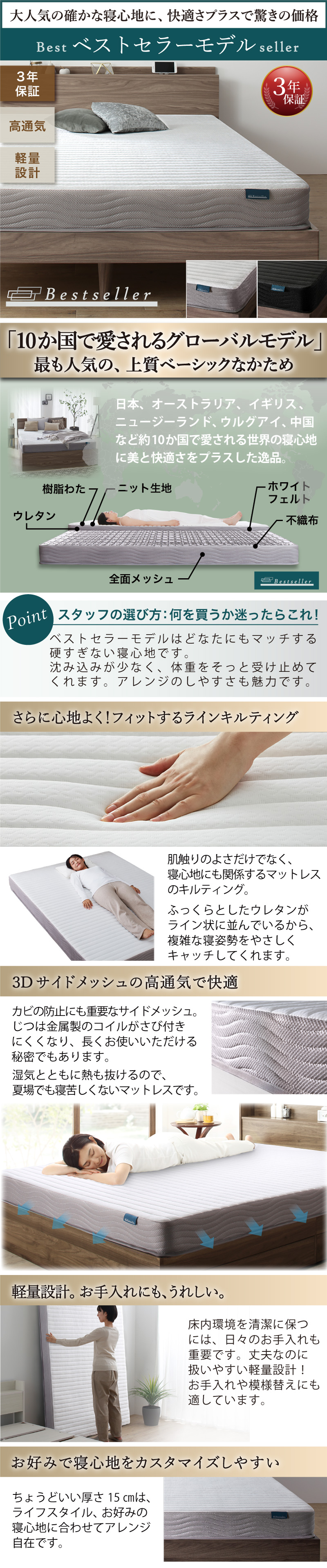 棚・コンセント・脚付き 無垢すのこベッド (お客様組立 マットレスセット シングル / ウォルナットブラウン / ベストセラーモデルマットレス / ホワイト　[No.100079064]) 商品説明画像11