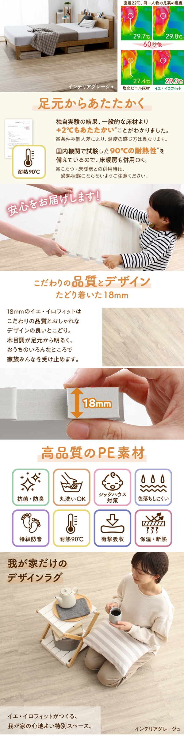 ジョイントマット イエ・イロフィット 45cm角 18mm厚 尺五 (36枚 4.5畳 / ニュアンスホワイト　[No.100075646]) 商品説明画像3
