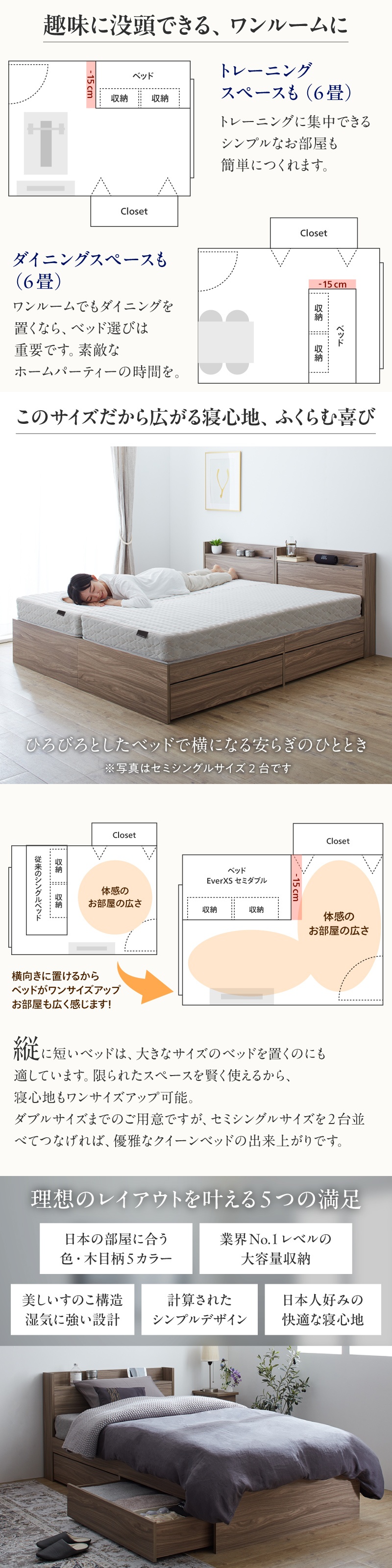 棚・コンセント付 天然木調 引き出し収納ベッド Ever X Compact エヴァー エックス コンパクト (お客様組立 / マットレス付 匠モデルマットレス / セミシングル / ライトグレー　[No.100078193]) 商品説明画像4
