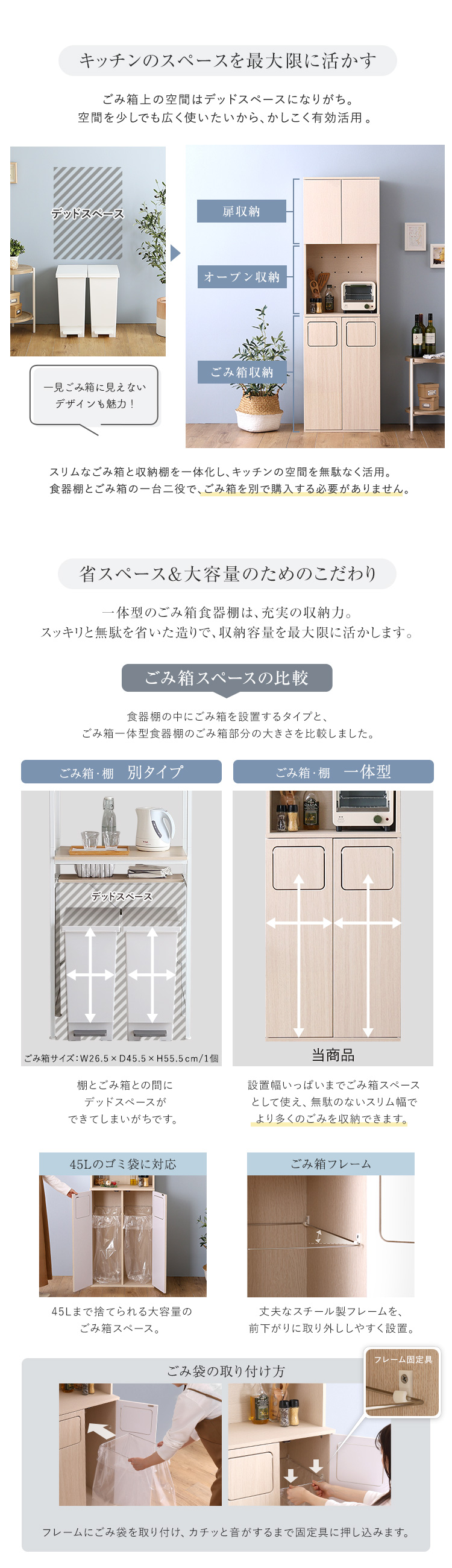 さわやかなごみ箱一体型食器棚 ごみ箱2つタイプ 商品説明画像2