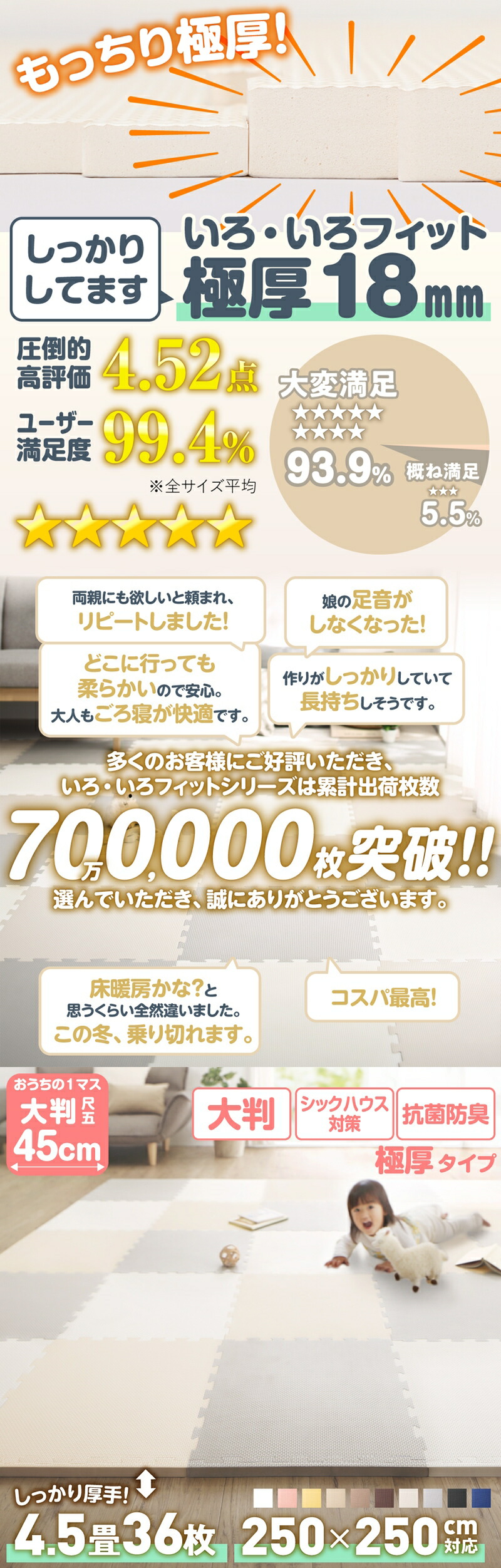 ジョイントマット いろ・いろフィット 45cm角 尺五 18mm厚 極厚 (36枚 4.5畳 / チルアウトグレー2　[No.100066372]) 商品説明画像1