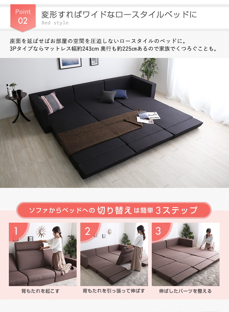 日本製 組み換え自由なソファベッド3P W273 Lawro ラウロ 商品説明画像6