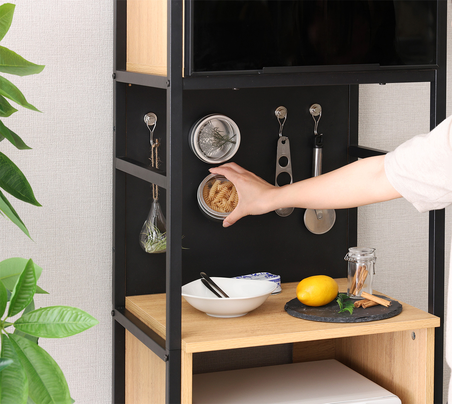 ヴィンテージ調マグネットスリム食器棚 ブラックガラス GREACK グリック 追加画像4